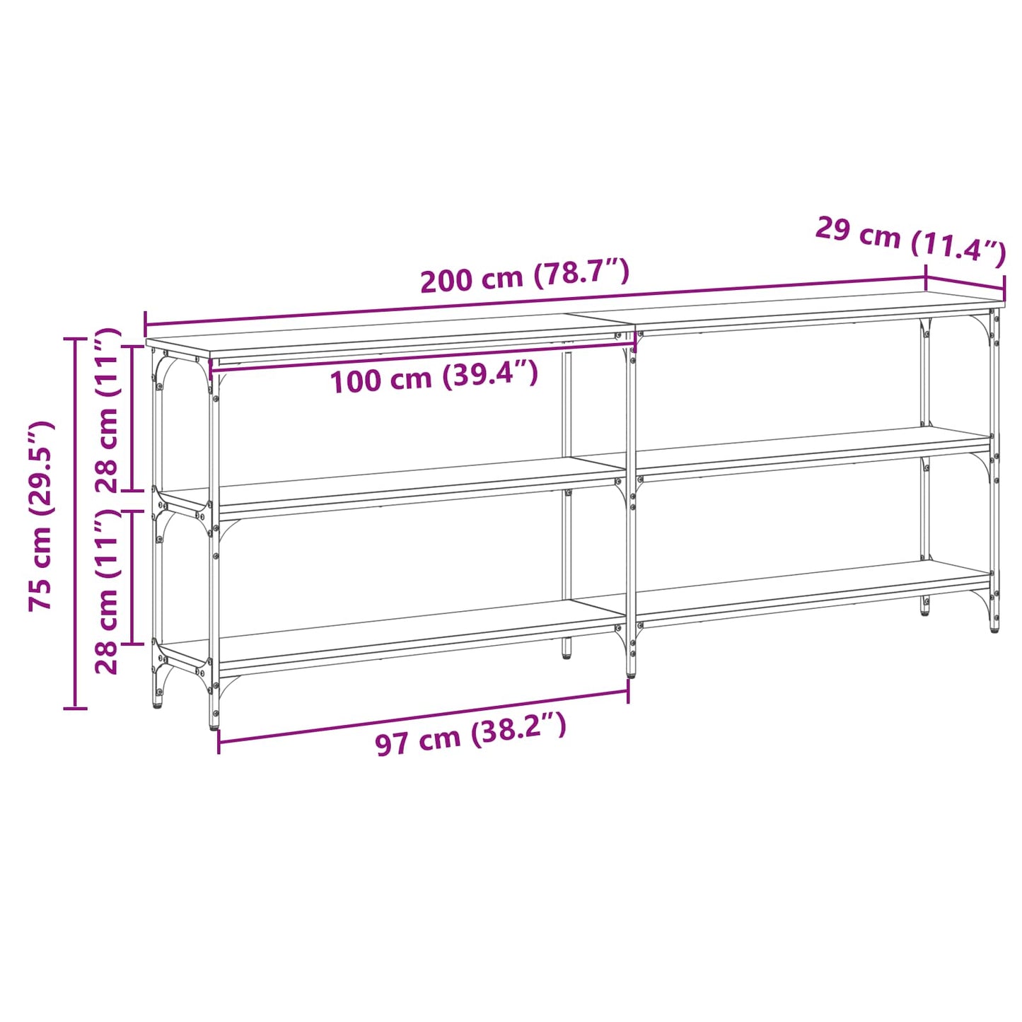 vidaXL Konsolentisch Schwarz Eichen-Optik 200 x 29 x 75 cm