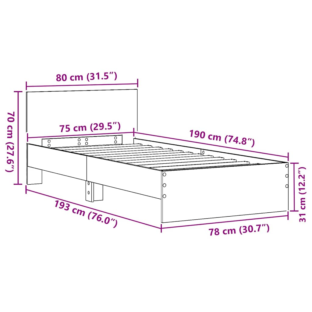 Bettrahmen mit Kopfteil Artisan-Eiche 75 x 190 cm Holzwerkstoff