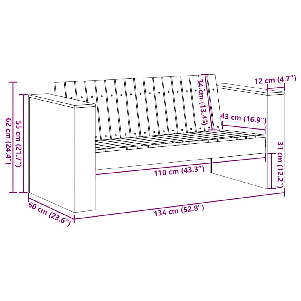 Garten-Sofa Weiß 134 x 60 x 62 cm Massives Kiefernholz