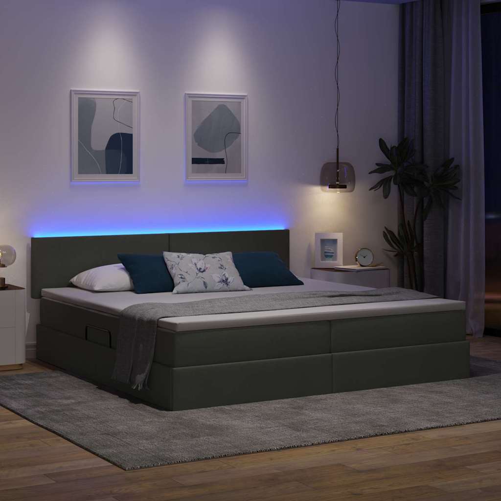 Bett mit Stauraum und LED mit LED Dunkelgrau 200 x 200 cm Stoff