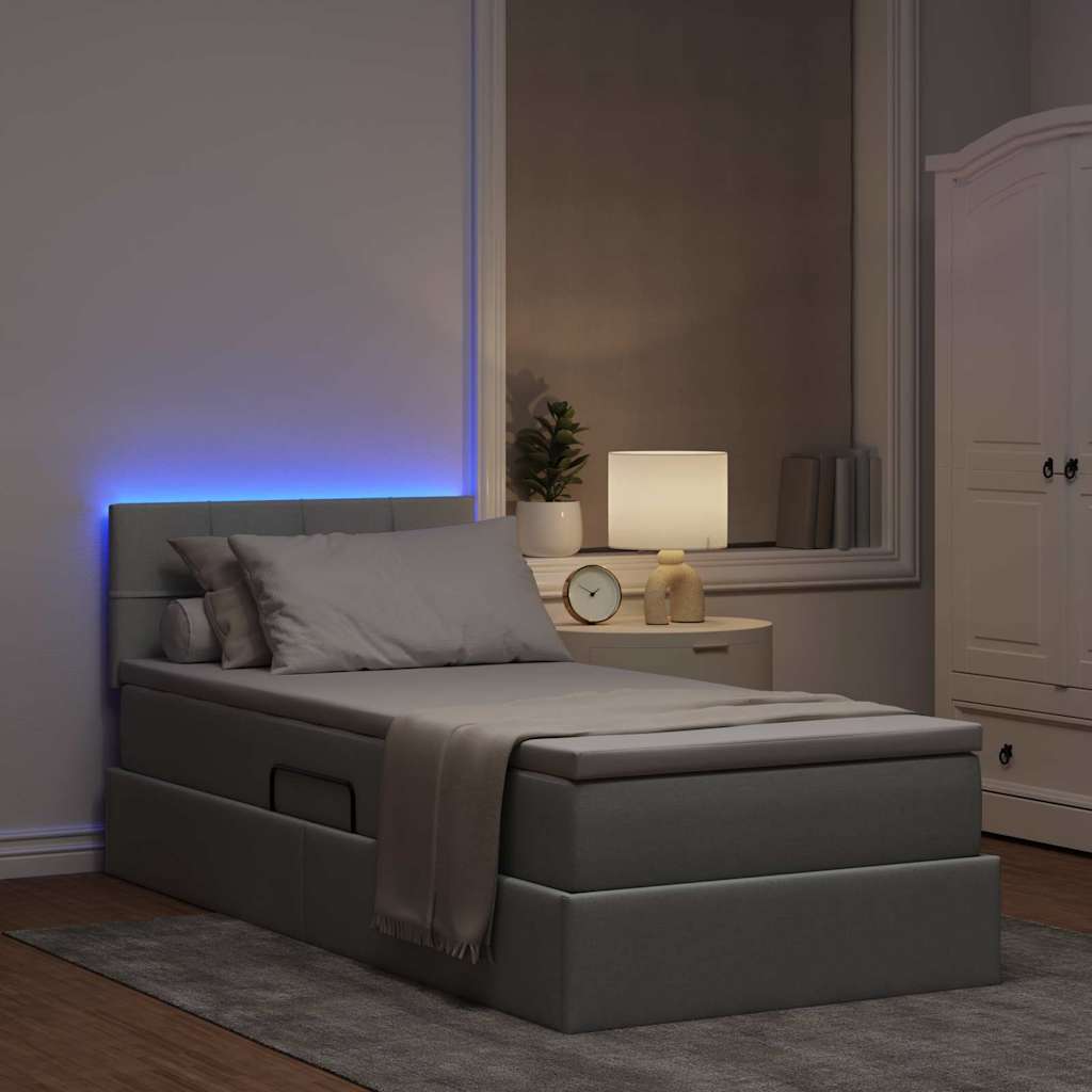Bett mit Stauraum und LED mit LED Hellgrau 100 x 200 cm Stoff