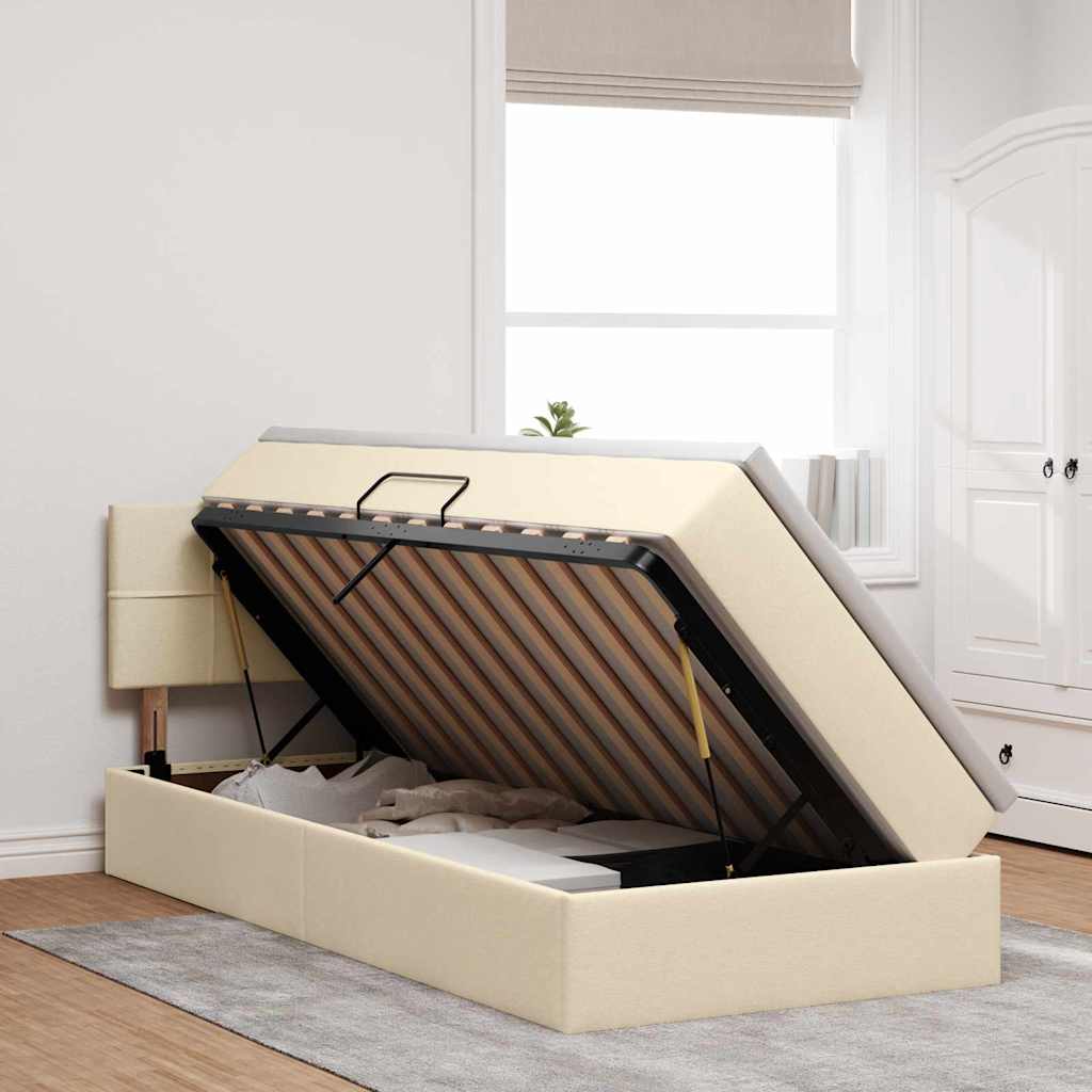 Bett mit Stauraum und LED mit Matratze Creme 100 x 200 cm Stoff