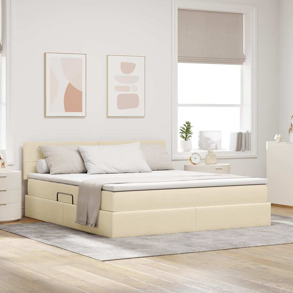 vidaXL Bett mit Stauraum und LED mit Matratze Creme 160 x 200 cm Stoff