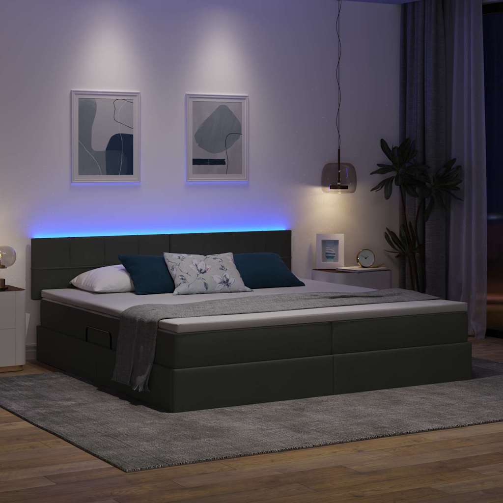 Bett mit Stauraum und LED mit LED Dunkelgrau 200 x 200 cm Stoff
