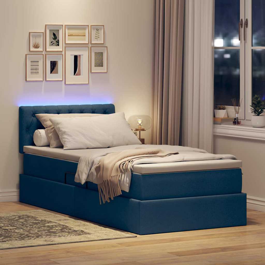 Bett mit Stauraum und LED mit Matratze Blau 100 x 200 cm Stoff