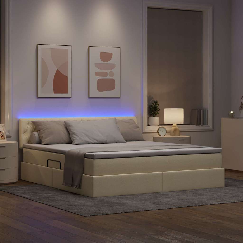 vidaXL Bett mit Stauraum und LED mit Matratze Creme 160 x 200 cm Stoff