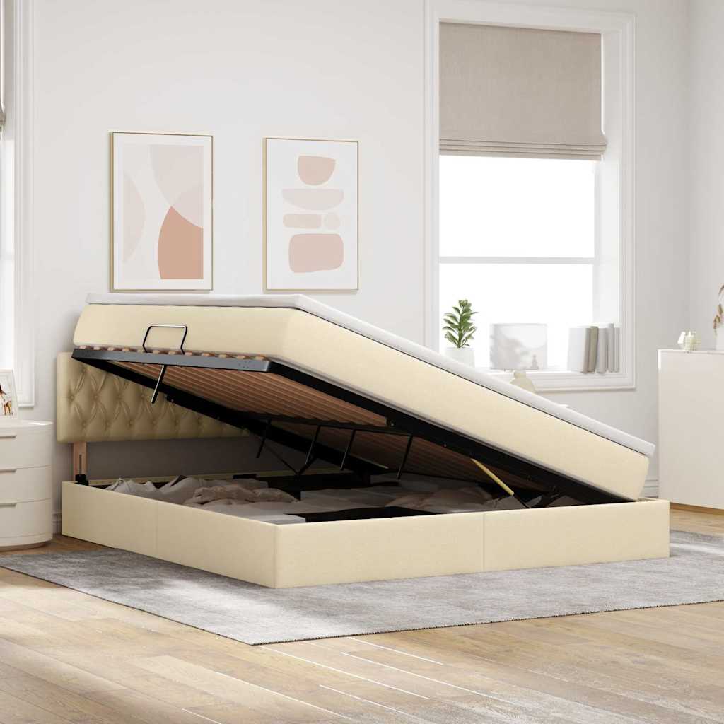 vidaXL Bett mit Stauraum und LED mit Matratze Creme 160 x 200 cm Stoff
