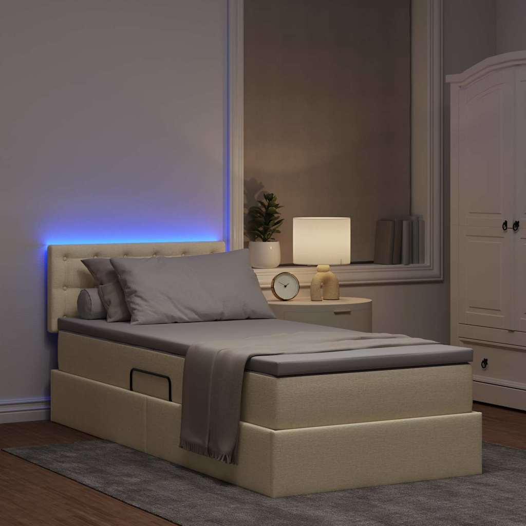 Bett mit Stauraum und LED mit Matratze Creme 90 x 190 cm Stoff
