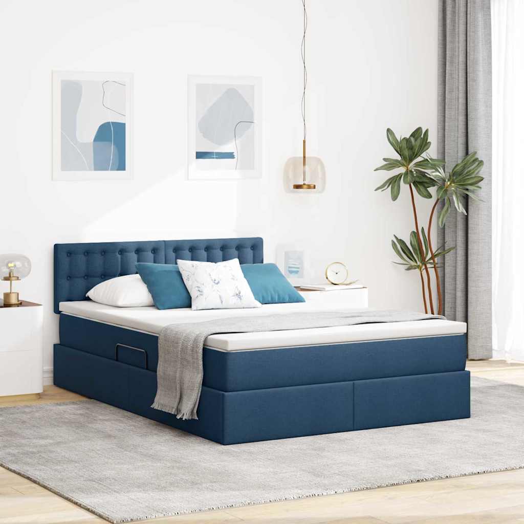 vidaXL Bett mit Stauraum und LED mit Matratze Blau 140 x 190 cm Stoff