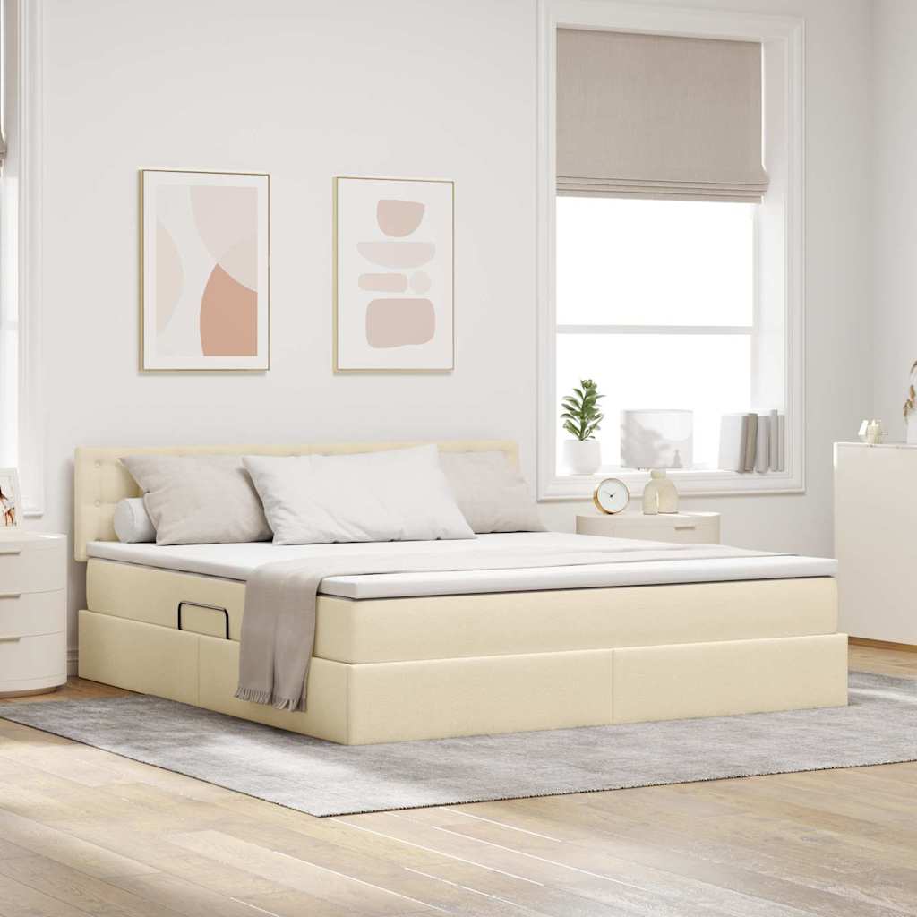 vidaXL Bett mit Stauraum und LED mit Matratze Creme 160 x 200 cm Stoff