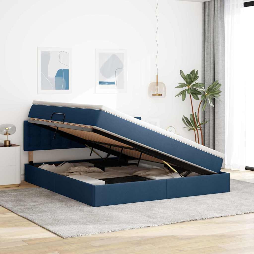 vidaXL Bett mit Stauraum und LED mit Matratze Blau 160 x 200 cm Stoff