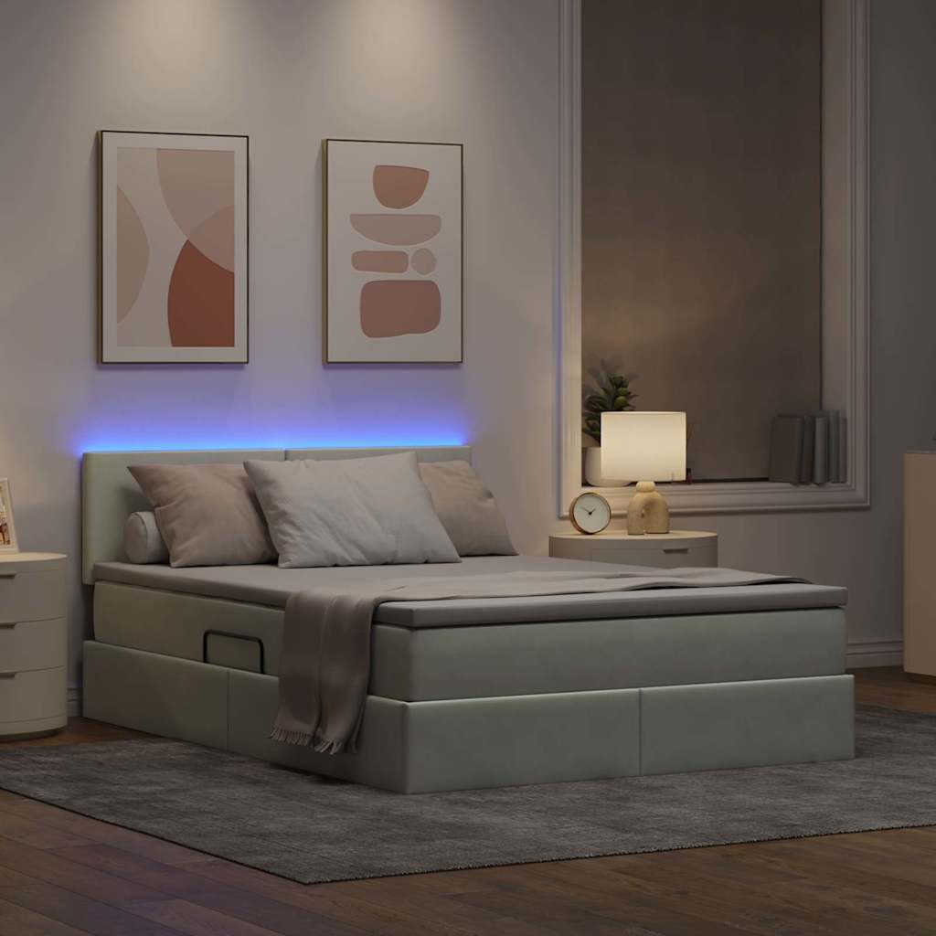 Bett mit Stauraum und LED mit LED Hellgrau 140 x 200 cm Samt