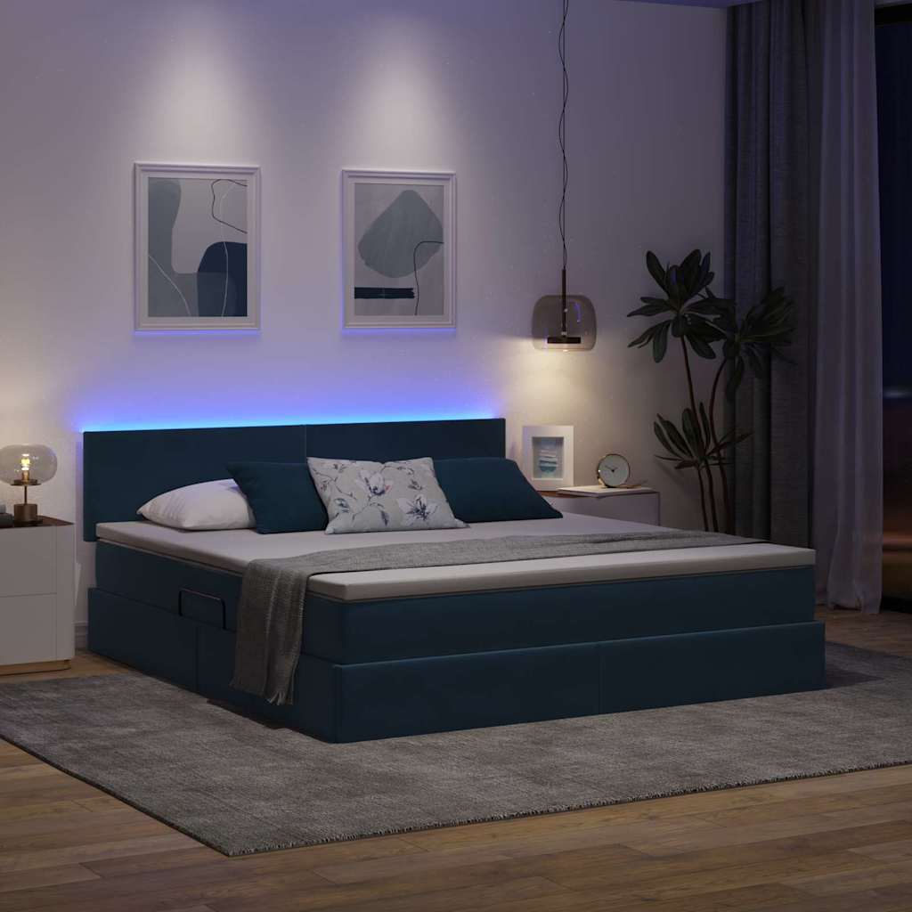 Bett mit Stauraum und LED mit LED Dunkelblau 180 x 200 cm Samt