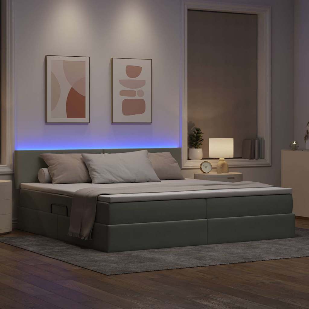 Bett mit Stauraum und LED mit LED Hellgrau 200 x 200 cm Samt