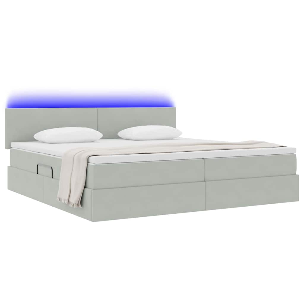 Bett mit Stauraum und LED mit LED Hellgrau 200 x 200 cm Samt