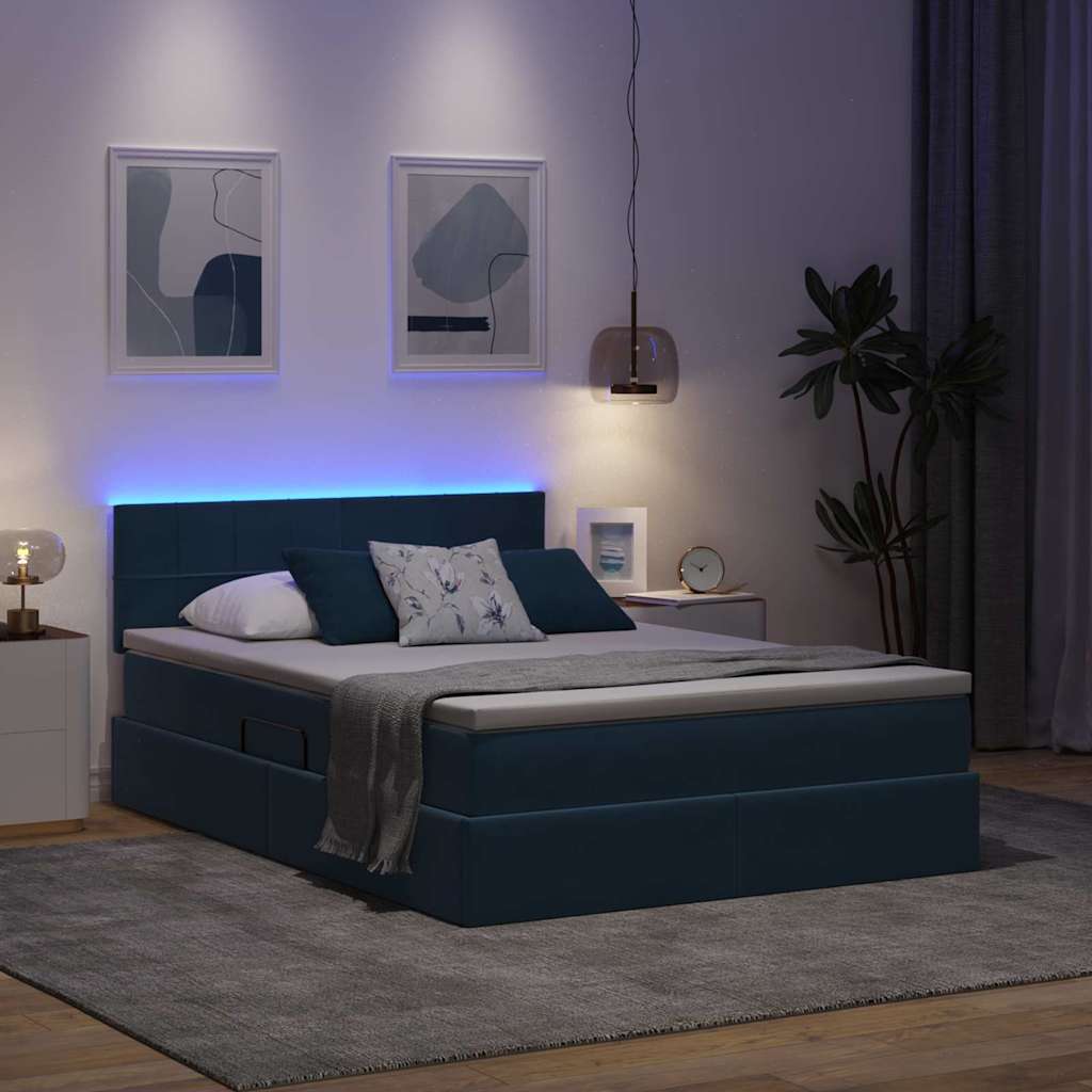Bett mit Stauraum und LED mit LED Dunkelblau 140 x 190 cm Samt