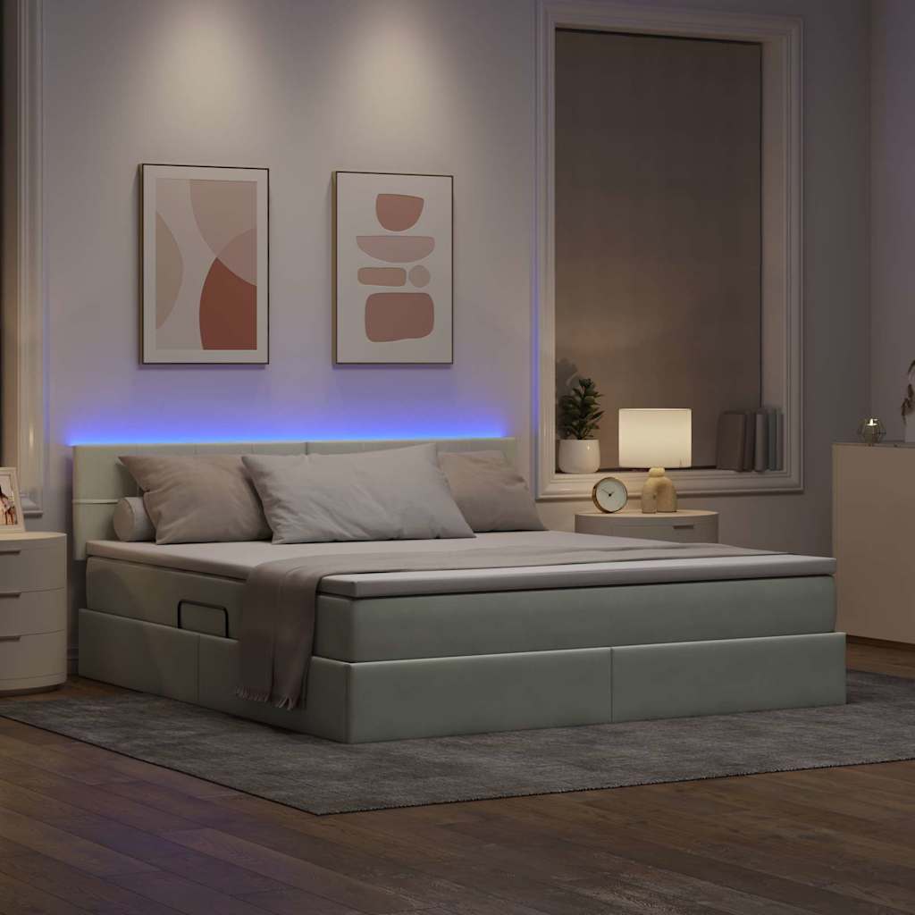 Bett mit Stauraum und LED mit LED Hellgrau 180 x 200 cm Samt