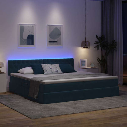 Bett mit Stauraum und LED mit LED Dunkelblau 200 x 200 cm Samt