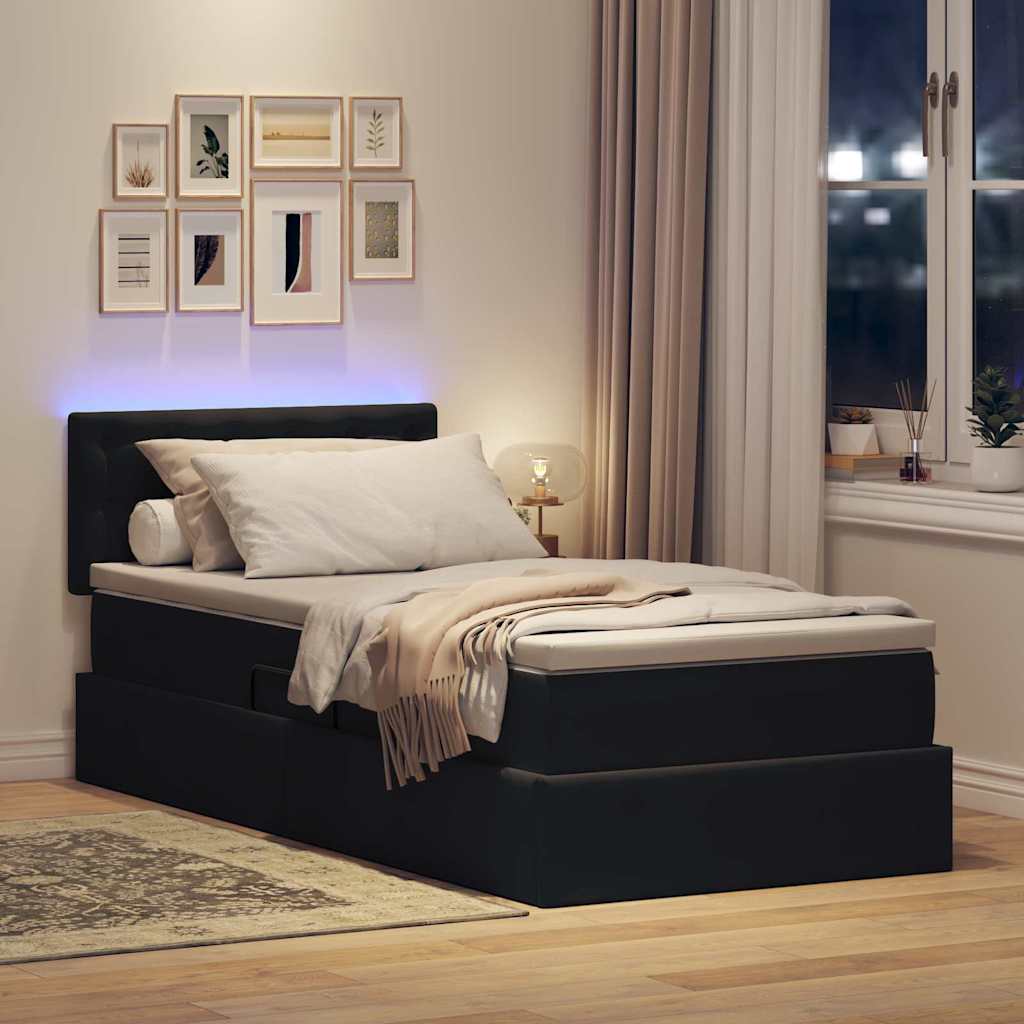 Bett mit Stauraum und LED mit Matratze Schwarz 90 x 190 cm Samt