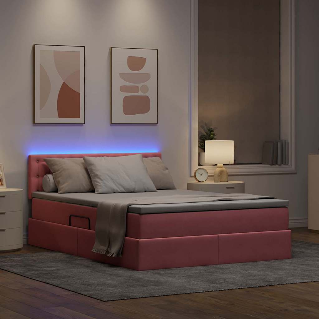 Bett mit Stauraum und LED mit Matratze Rosa 140 x 190 cm Samt