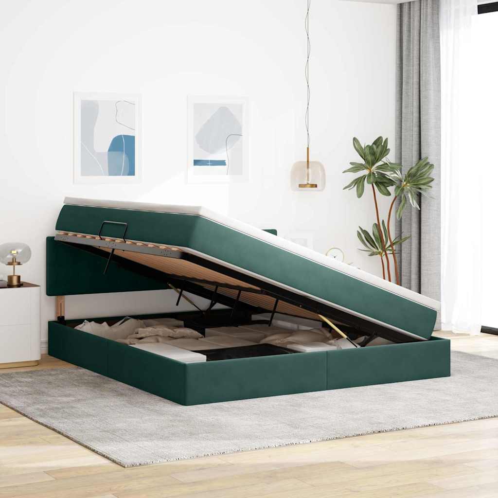vidaXL Bett mit Stauraum und LED mit LED Dunkelgrün 160 x 200 cm Samt