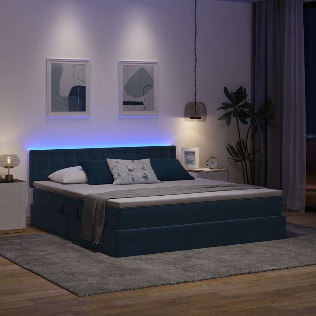 Bett mit Stauraum und LED mit LED Dunkelblau 180 x 200 cm Samt