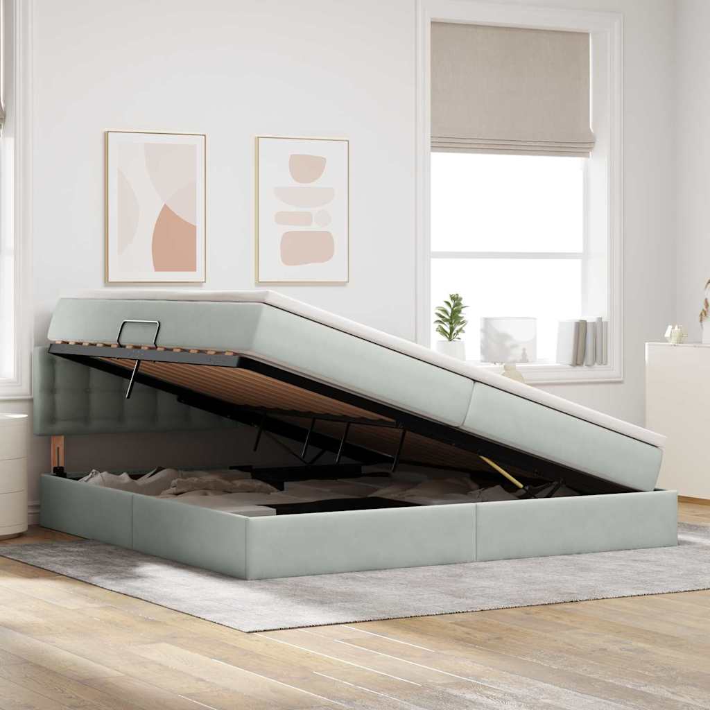 vidaXL Bett mit Stauraum und LED mit LED Hellgrau 200 x 200 cm Samt