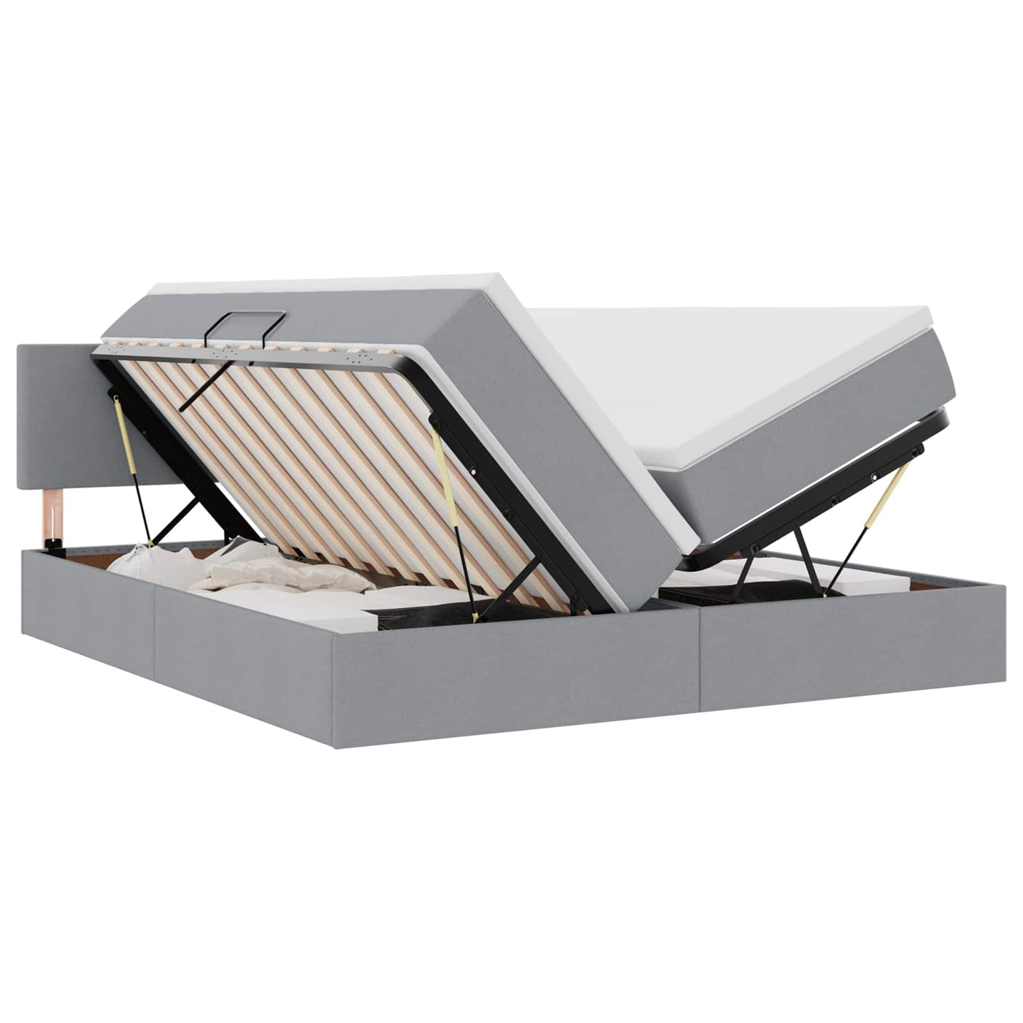 Bett mit LED-Lichtleisten Hellgrau 200 x 200 cm Stoff