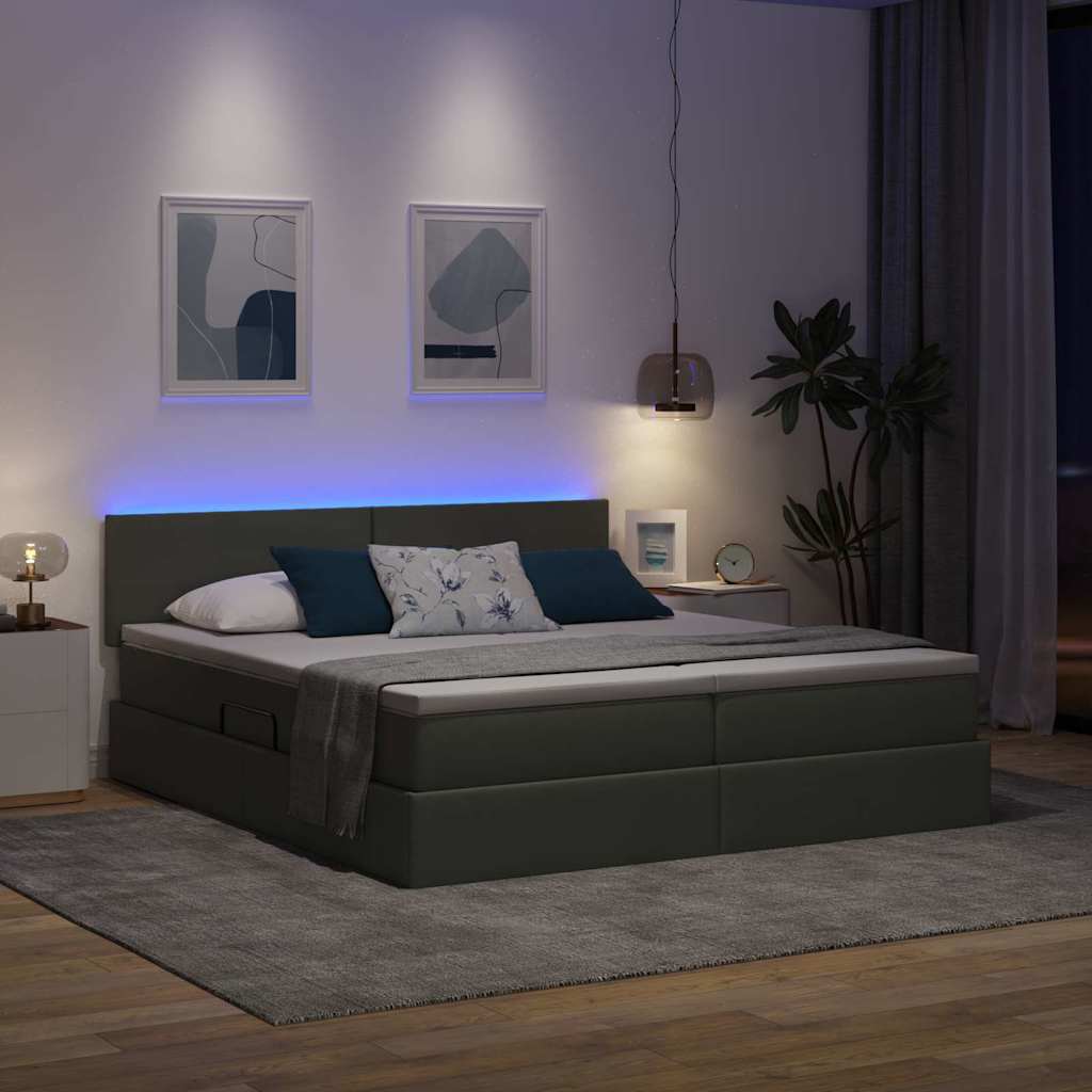 Bett mit LED-Lichtleisten Dunkelgrau 200 x 200 cm Stoff