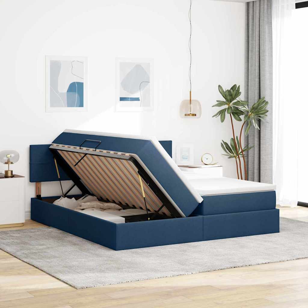 vidaXL Bett mit LED-Lichtleisten mit Kopfteil Blau 180 x 200 cm Stoff
