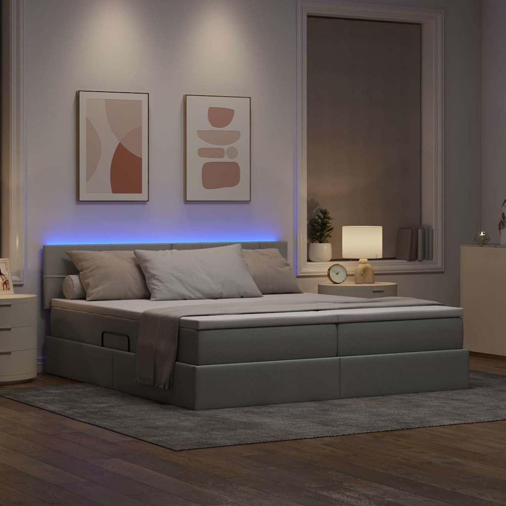 vidaXL Bett mit LED-Lichtleisten Hellgrau 200 x 200 cm Stoff