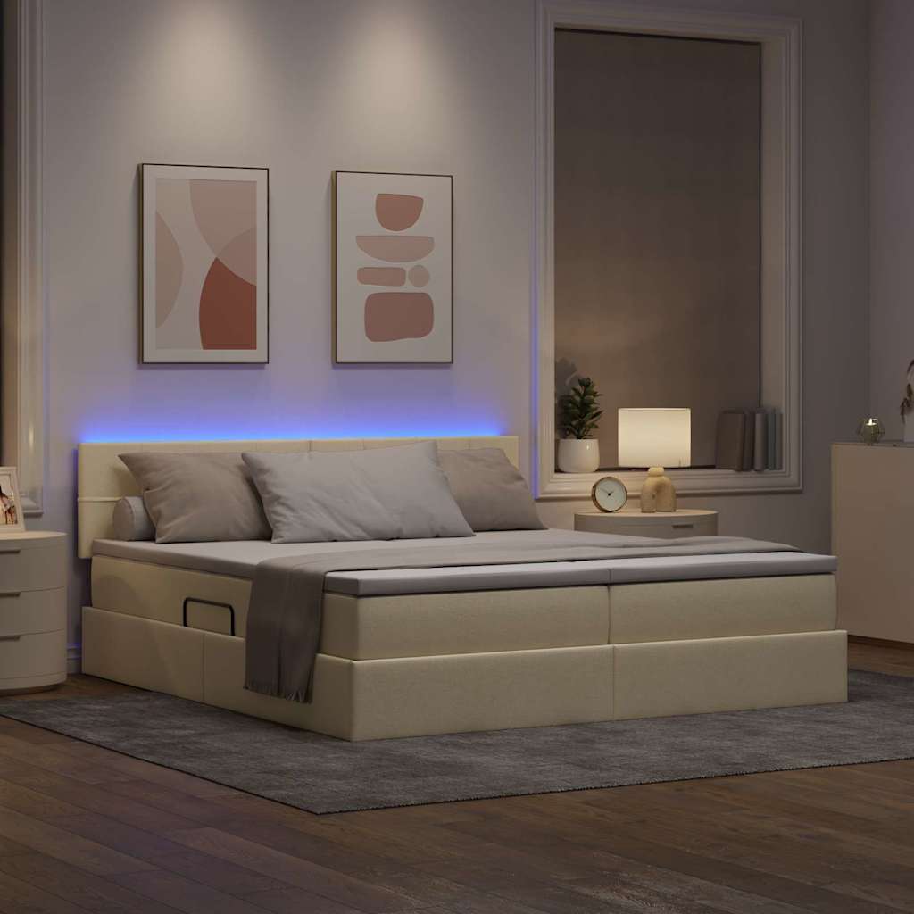 Bett mit LED-Lichtleisten mit Kopfteil Creme 200 x 200 cm Stoff