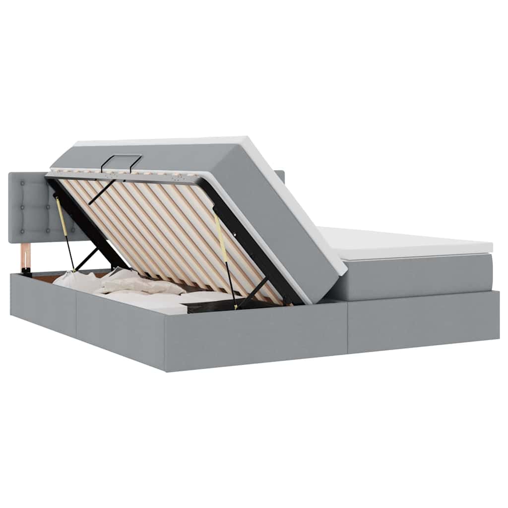 Bett mit LED-Lichtleisten Hellgrau 200 x 200 cm Stoff