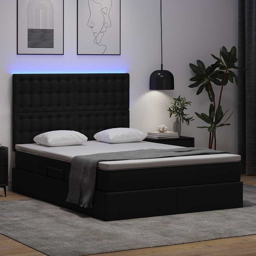 Bett mit Stauraum und LED Schwarz 140 x 190 cm Kunstleder