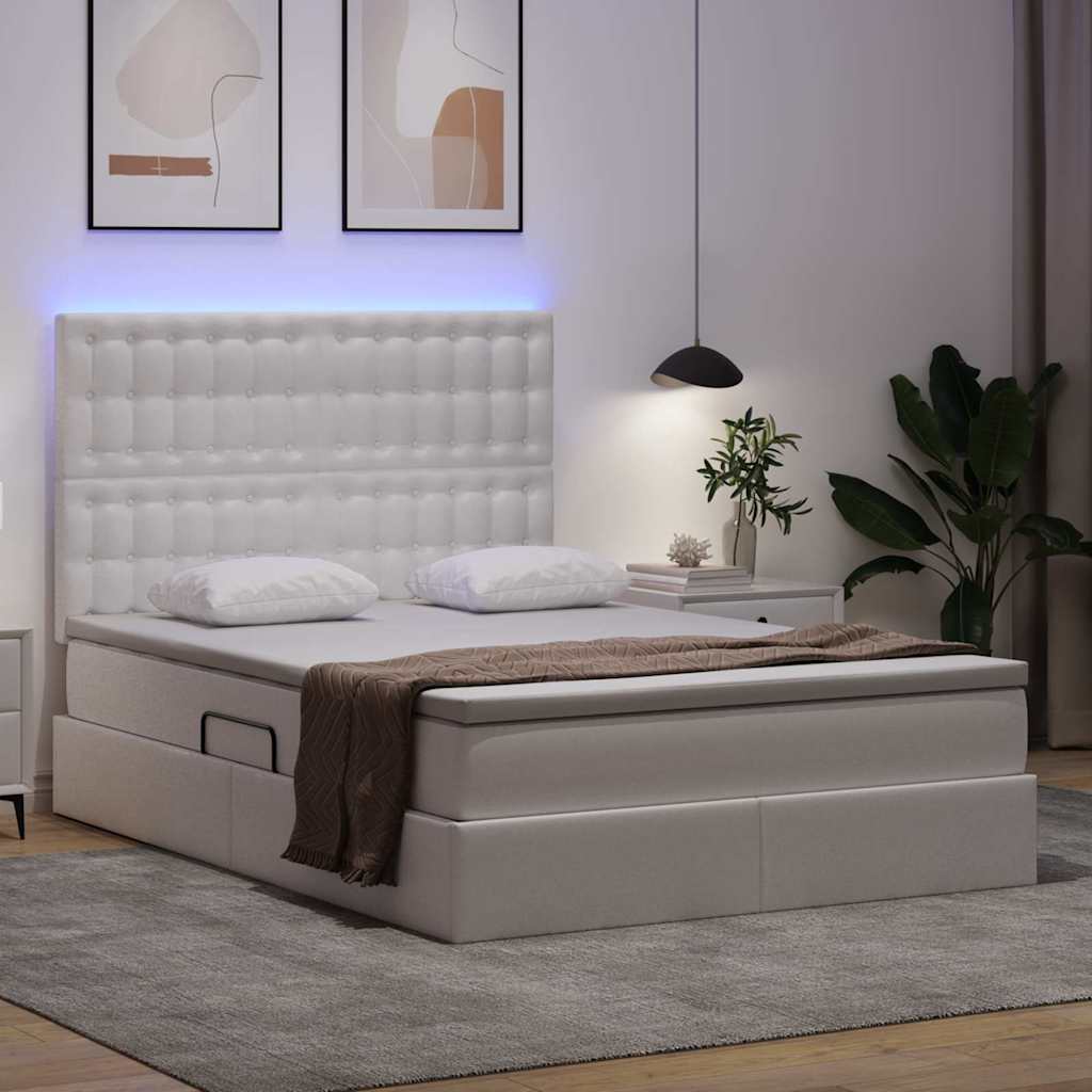 Bett mit Stauraum und LED Reinweiß 140 x 190 cm Kunstleder