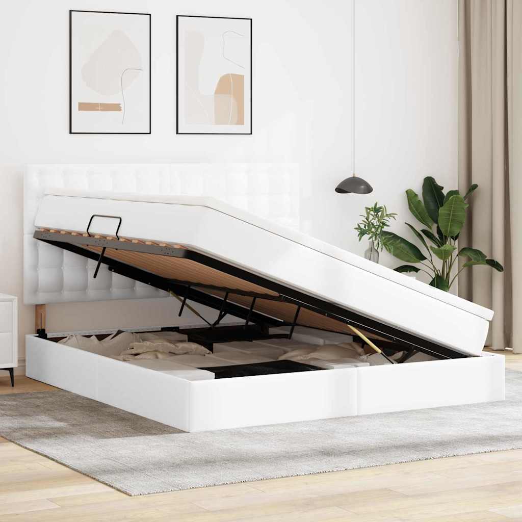 Bett mit Stauraum und LED Reinweiß 160 x 200 cm Kunstleder