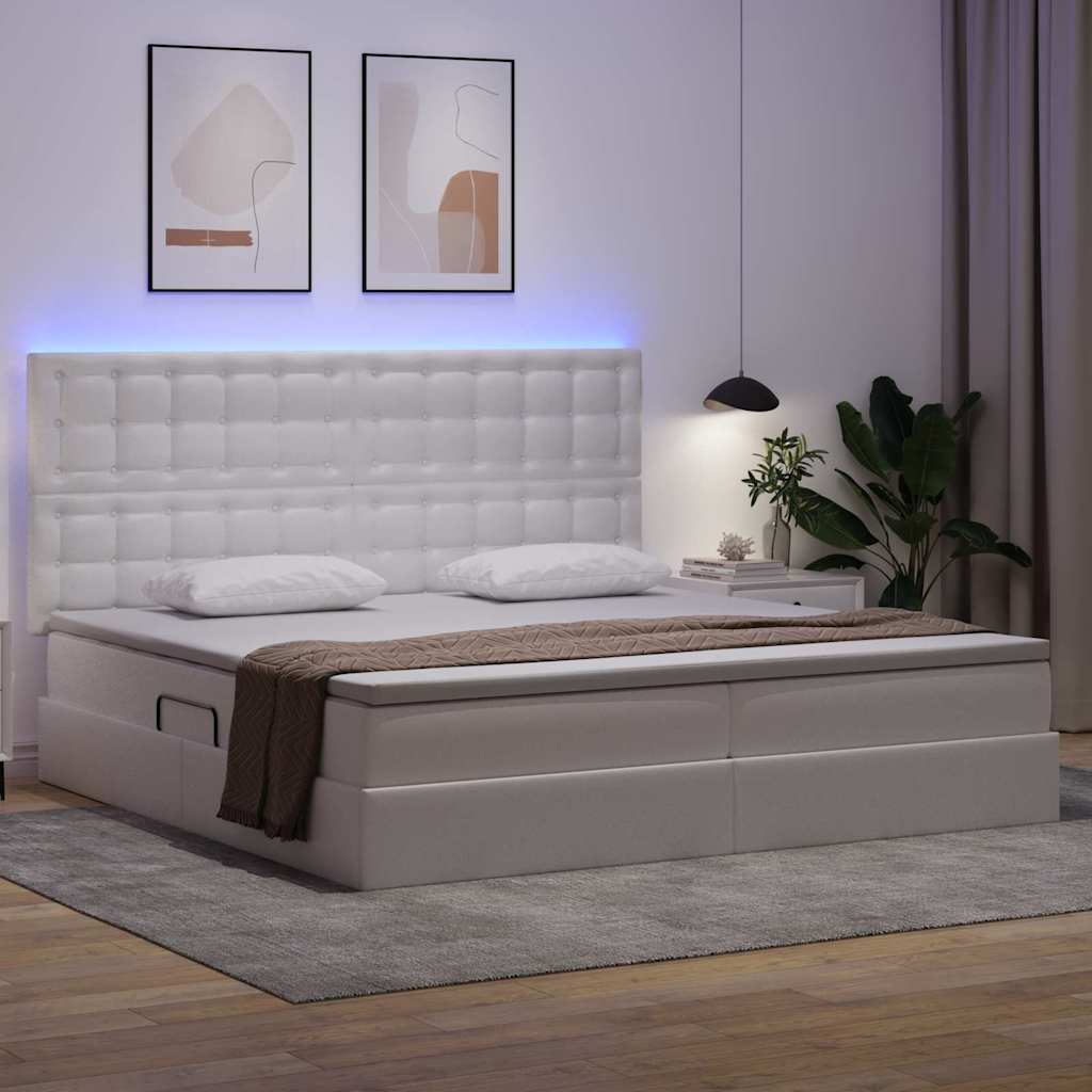 Bett mit Stauraum und LED Reinweiß 200 x 200 cm Kunstleder