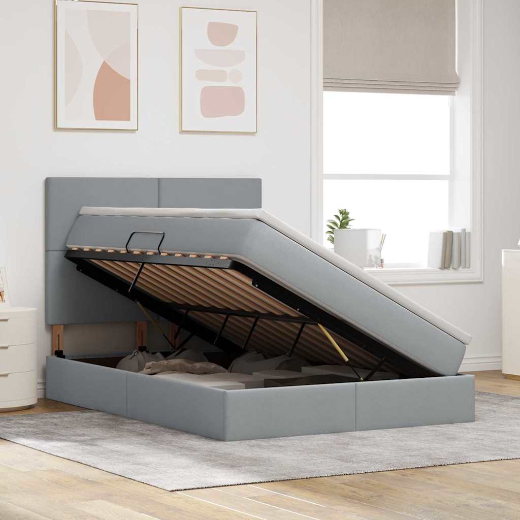 Bett mit Stauraum und LED Hellgrau 140 x 200 cm Polyester