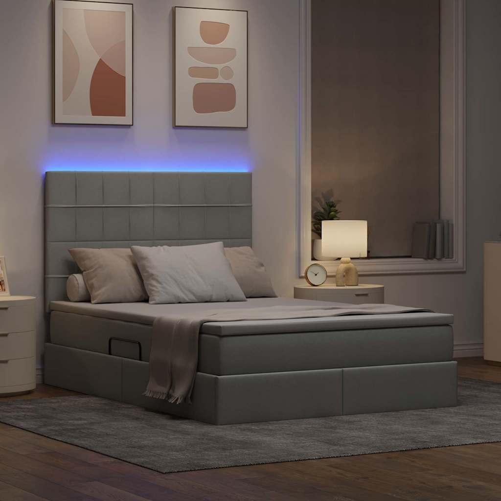 Bett mit Stauraum und LED Hellgrau 140 x 190 cm Polyester