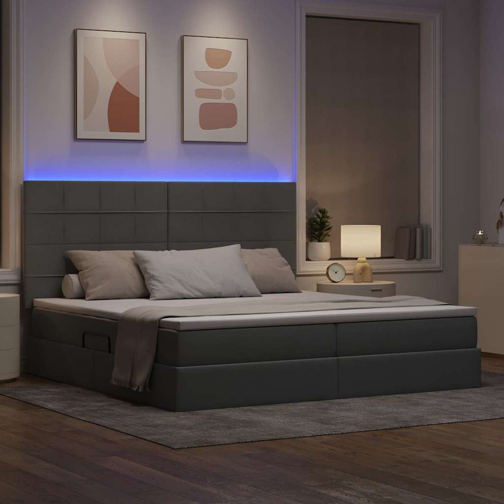 Bett mit Stauraum und LED Hellgrau 200 x 200 cm Polyester