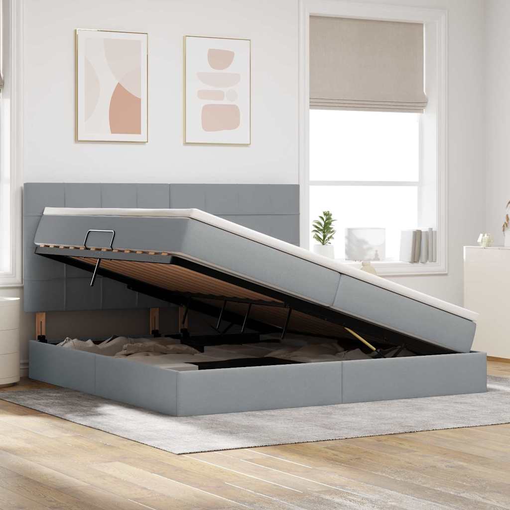 Bett mit Stauraum und LED Hellgrau 200 x 200 cm Polyester