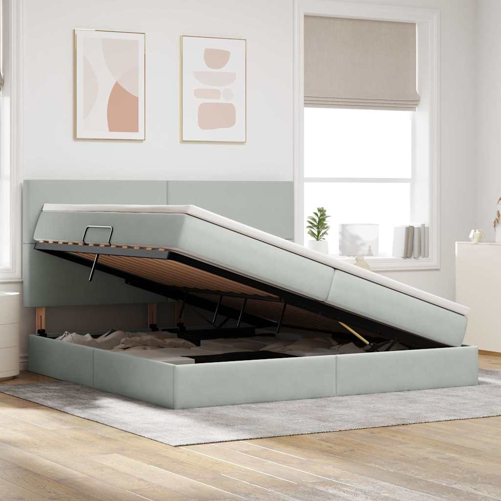 vidaXL Bett mit Stauraum und LED mit LED Hellgrau 200 x 200 cm Samt