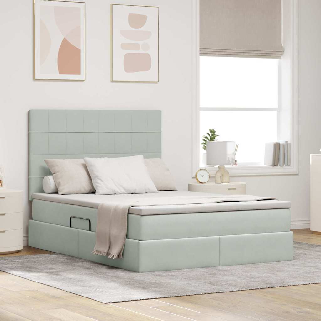 Bett mit Stauraum und LED mit LED Hellgrau 140 x 190 cm Samt