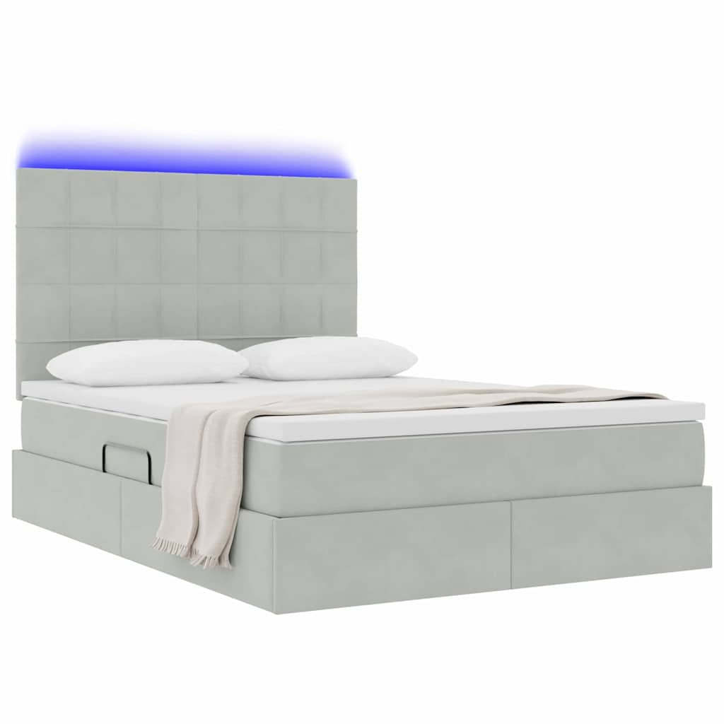 Bett mit Stauraum und LED mit LED Hellgrau 140 x 190 cm Samt