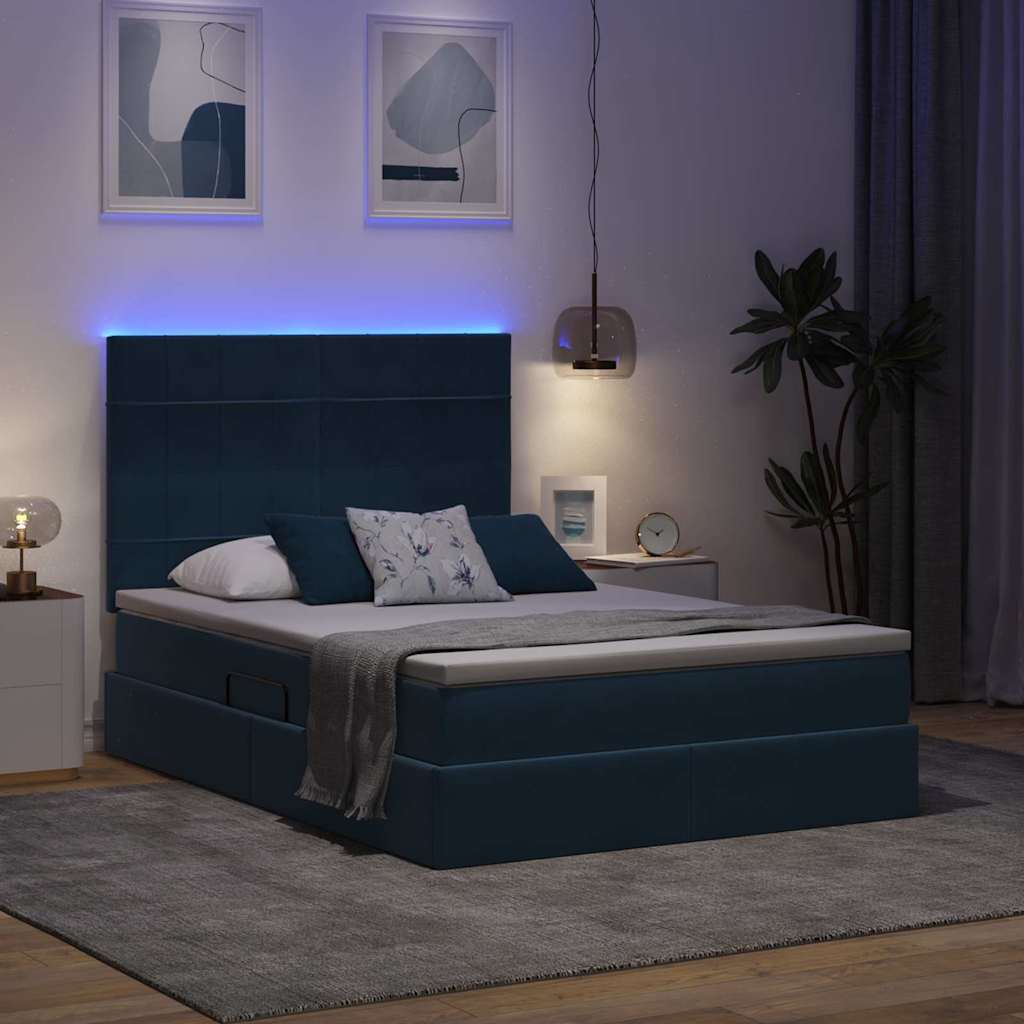 Bett mit Stauraum und LED mit LED Dunkelblau 140 x 200 cm Samt
