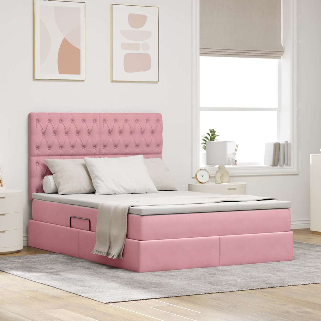 Bett mit Stauraum und LED mit Matratze Rosa 140 x 190 cm Samt