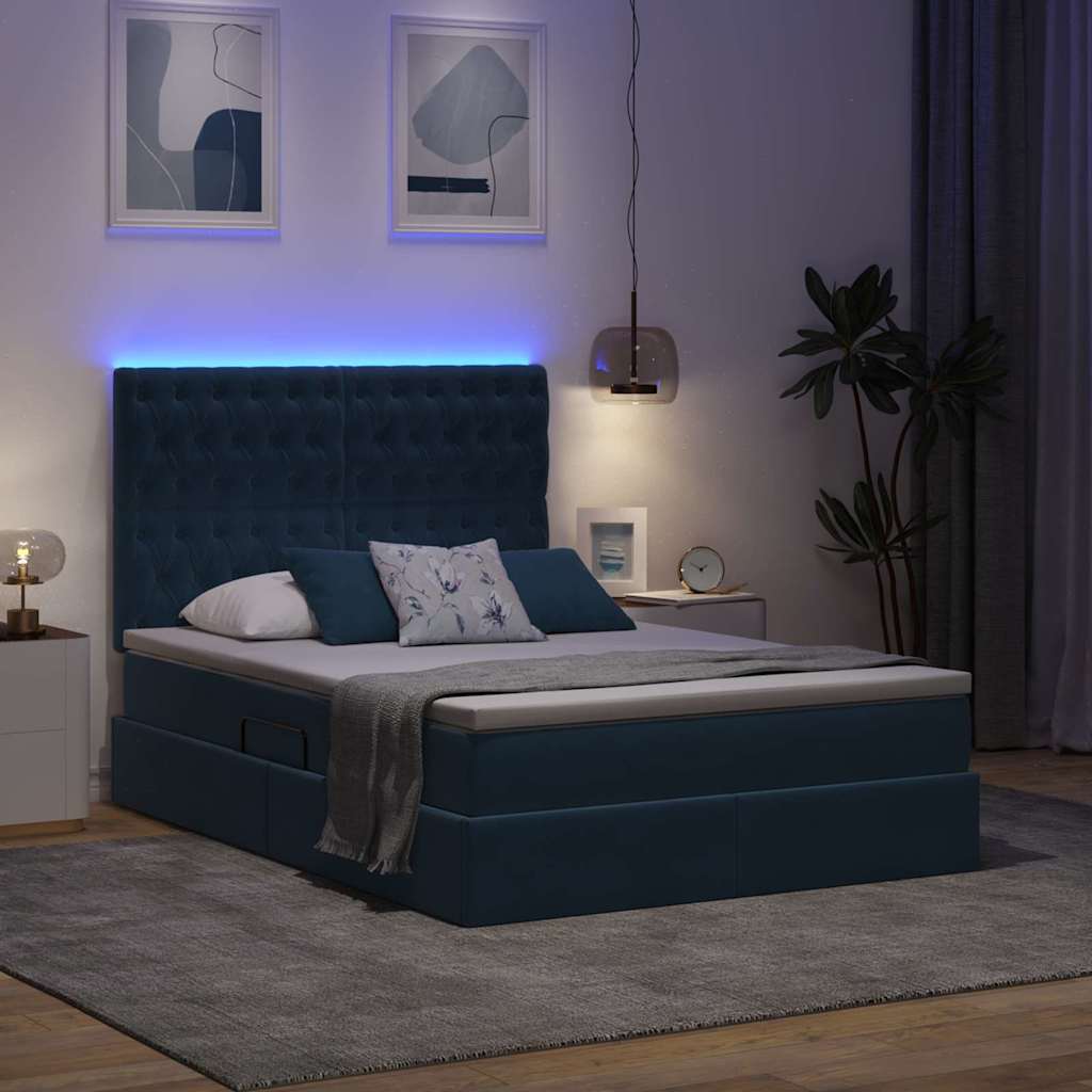 Bett mit Stauraum und LED mit LED Dunkelblau 140 x 200 cm Samt