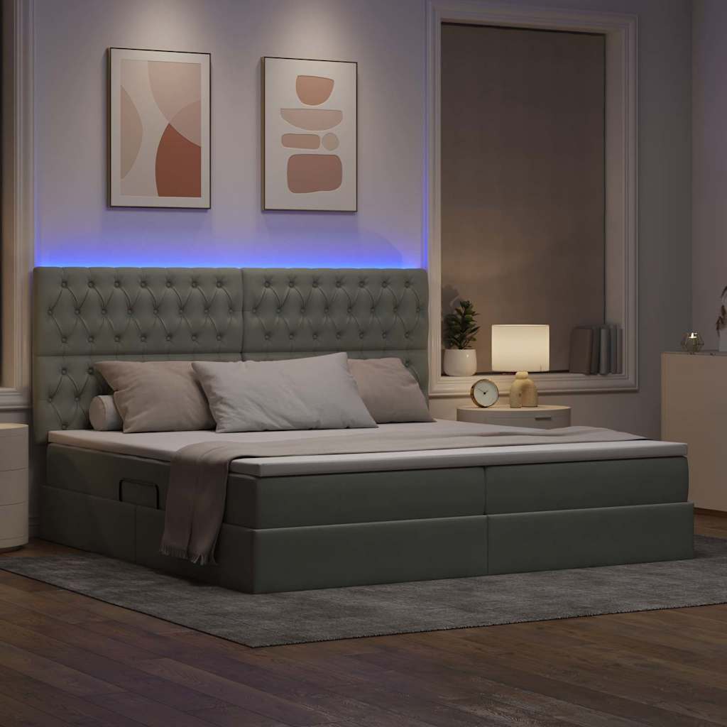 Bett mit Stauraum und LED mit LED Hellgrau 200 x 200 cm Samt