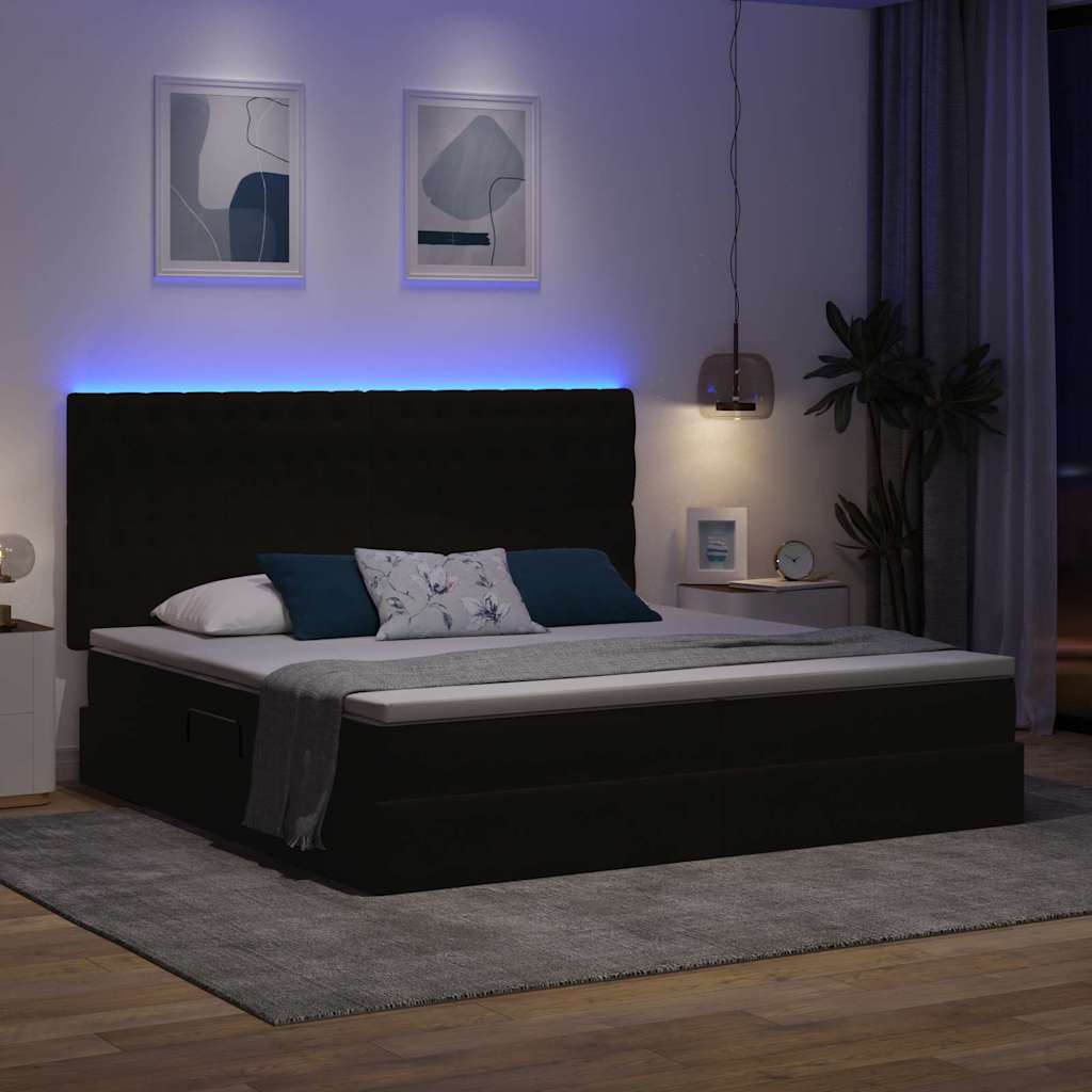 Bett mit Stauraum und LED mit LED Schwarz 200 x 200 cm Samt