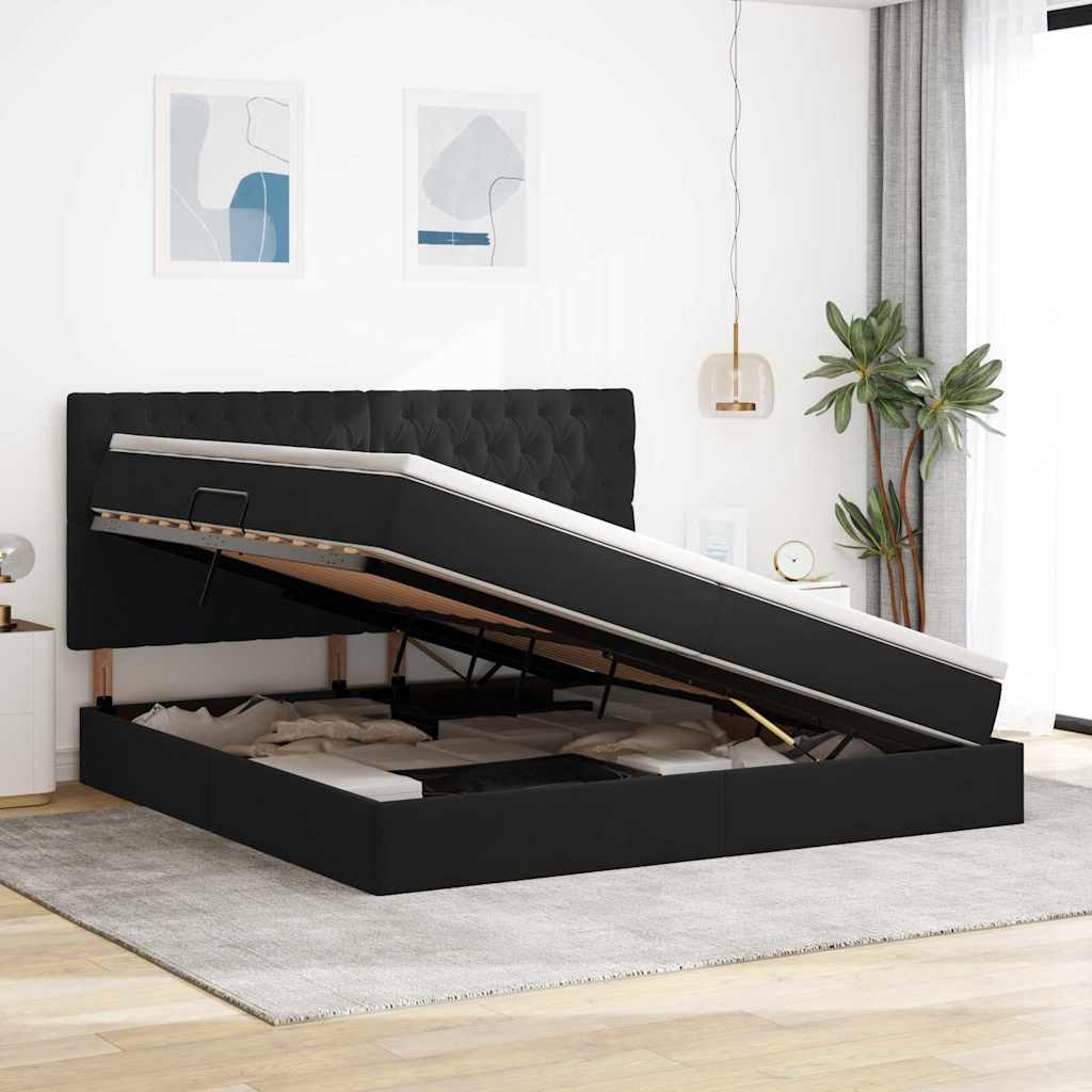 Bett mit Stauraum und LED mit LED Schwarz 200 x 200 cm Samt